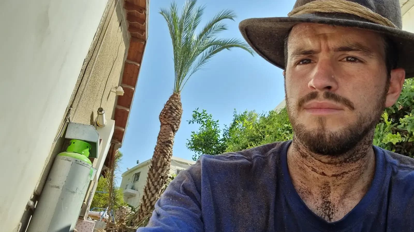 גוזם עצים מקצועי בשטח בין דקלים בזמן עבודה